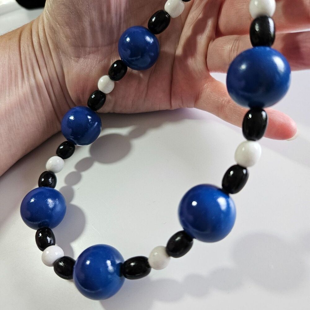 Blue White Black Painted Round Wooden Beaded Necklace 18"